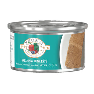 A 3 oz can of Fromm cat food salmon and tuna pâté.