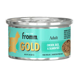 A 3 oz can of Fromm Gold Adult chicken, duck & salmon pâté food for adult cats.