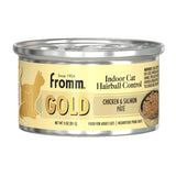 A 3 oz can of Fromm Gold Indoor Cat chicken & salmon pâté food for adult cats.