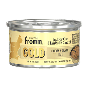 A 3 oz can of Fromm Gold Indoor Cat chicken & salmon pâté food for adult cats.