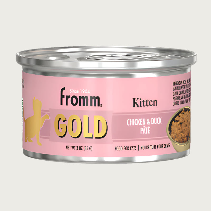 A 3 oz can of Fromm Gold Kitten chicken & duck pâté food for young cats.