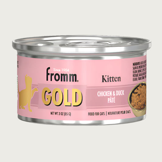 A 3 oz can of Fromm Gold Kitten chicken & duck pâté food for young cats.
