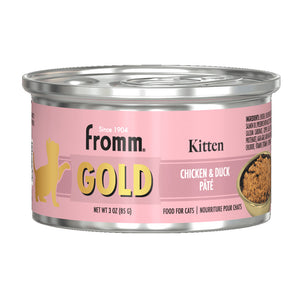 A 3 oz can of Fromm Gold Kitten chicken & duck pâté food for young cats.