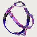 Load image into Gallery viewer, Dog harness with bright pink & purple plaid straps on the front and sides; loop on dog's back is same color & pattern. Chest strap is bright purple velvet. There are 2 black plastic clips, which fasten behind each front leg. 
