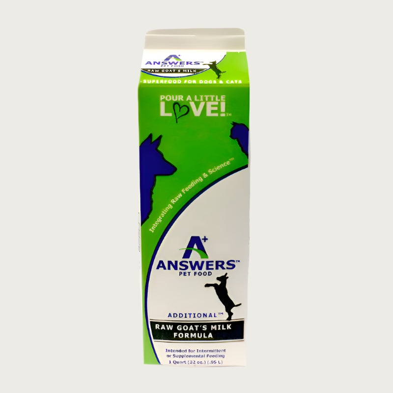 A green and white 32 oz carton of Answers Raw Goat's Milk Formula. Text on top reads "Pour a little love!". Additional text reads "Integrating Raw Feeding & Science".