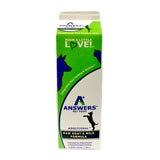 A green and white 32 oz carton of Answers Raw Goat's Milk Formula. Text on top reads "Pour a little love!". Additional text reads "Integrating Raw Feeding & Science".