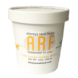 16 oz white carton with lid, of Always Real Food (ARF) Homemade for Dogs, free range turkey dinner.