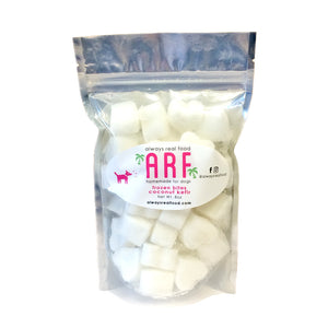 8 oz clear bag of frozen Always Real Food (ARF) Coconut Kefir Bites. Can see product inside-they are white, heart-shaped cubes.