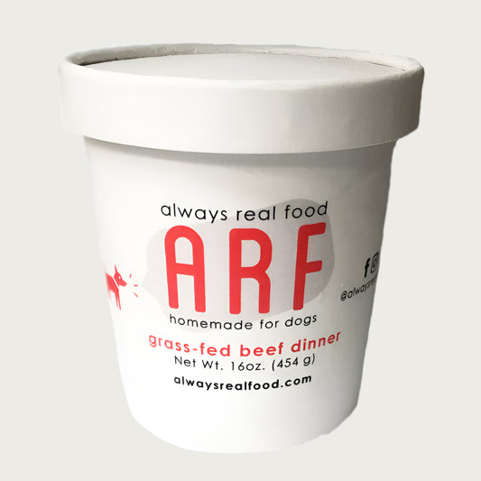 16 oz white carton with lid, of Always Real Food (ARF) Homemade for Dogs, grass-fed beef dinner.