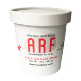 16 oz white carton with lid, of Always Real Food (ARF) Homemade for Dogs, grass-fed beef dinner.