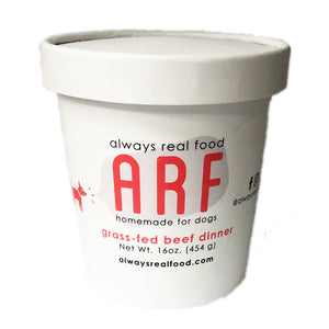 16 oz white carton with lid, of Always Real Food (ARF) Homemade for Dogs, grass-fed beef dinner.
