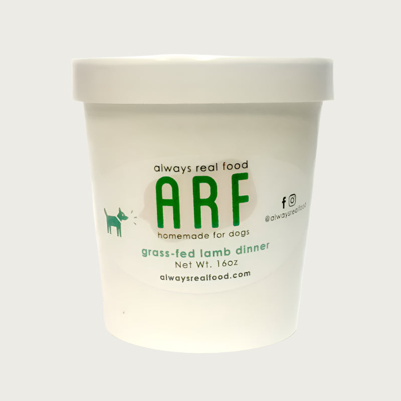 16 oz white carton with lid, of Always Real Food (ARF) Homemade for Dogs, grass-fed lamb dinner.
