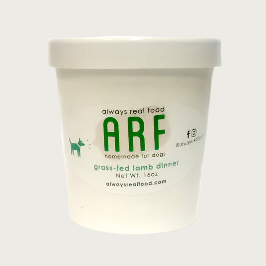 16 oz white carton with lid, of Always Real Food (ARF) Homemade for Dogs, grass-fed lamb dinner.