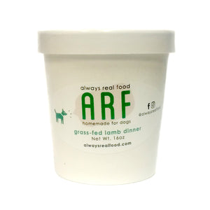 16 oz white carton with lid, of Always Real Food (ARF) Homemade for Dogs, grass-fed lamb dinner.