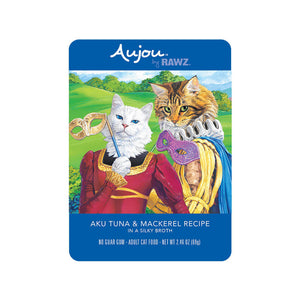A 2.46 oz blue pouch of Aujou by RAWZ Aku Tuna & Mackerel Recipe in a Silky Broth. Adult cat food, no guar gum. Illustrated image shows cats in ancient Italian dress.