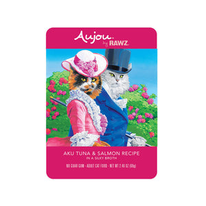 A 2.46 oz hot pink pouch of Aujou by RAWZ Aku Tuna & Salmon Recipe in a Silky Broth. Adult cat food, no guar gum. Illustrated image shows cats in Victorian dress.