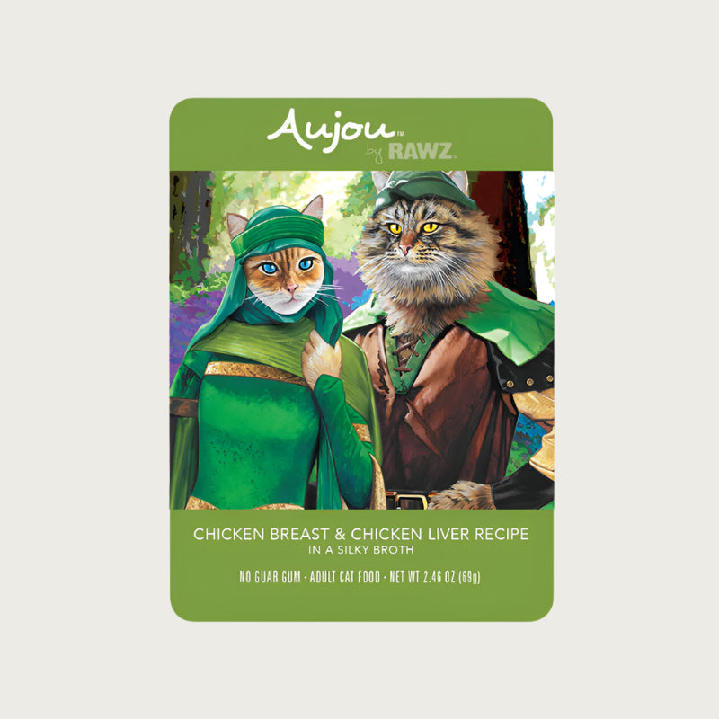 A 2.46 oz green pouch of Aujou by RAWZ Chicken Breast & Chicken Liver Recipe in a Silky Broth. Adult cat food, no guar gum. Illustrated image shows cats in medieval dress.