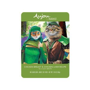 A 2.46 oz green pouch of Aujou by RAWZ Chicken Breast & Chicken Liver Recipe in a Silky Broth. Adult cat food, no guar gum. Illustrated image shows cats in medieval dress.