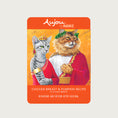 Load image into Gallery viewer, A 2.46 oz orange pouch of Aujou by RAWZ Chicken Breast & Pumpkin Recipe in a Silky Broth. Adult cat food, no guar gum. Illustrated image shows cats in ancient Greek dress.
