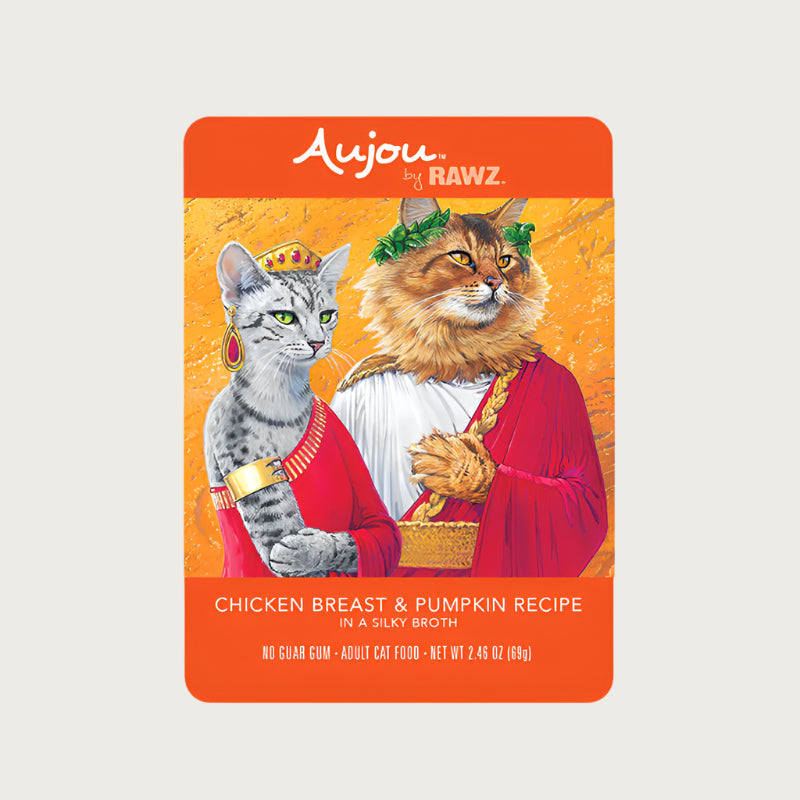A 2.46 oz orange pouch of Aujou by RAWZ Chicken Breast & Pumpkin Recipe in a Silky Broth. Adult cat food, no guar gum. Illustrated image shows cats in ancient Greek dress.