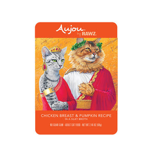 A 2.46 oz orange pouch of Aujou by RAWZ Chicken Breast & Pumpkin Recipe in a Silky Broth. Adult cat food, no guar gum. Illustrated image shows cats in ancient Greek dress.
