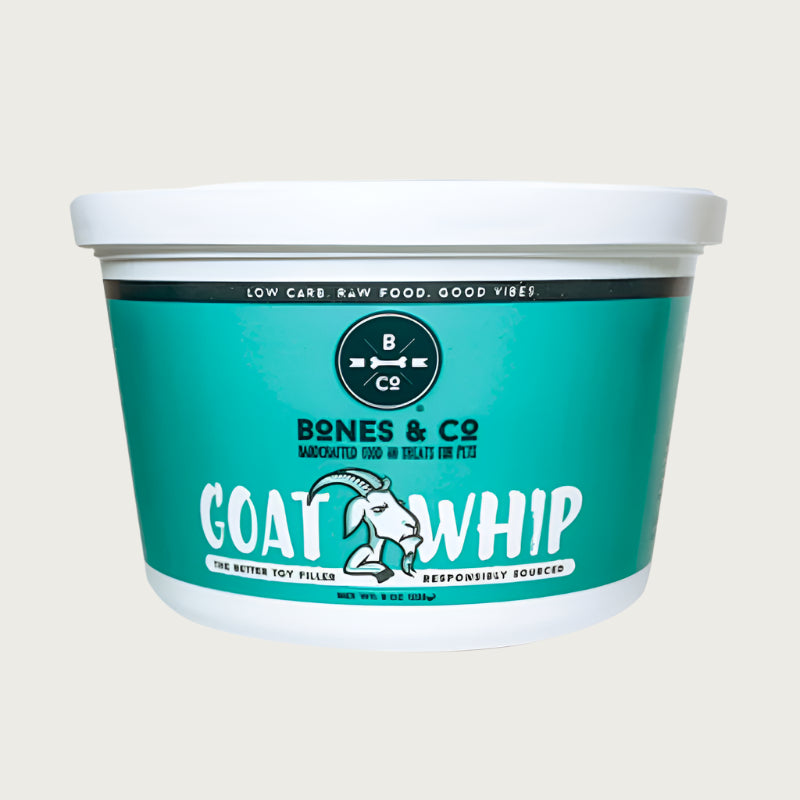 8 oz white & teal plastic tub of Bones & Co Handcrafted Food & Treats for Pets Goat Whip. Low carb raw food. Good vibes. The better toy filler. Responsibly sourced.
