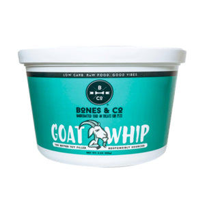 8 oz white & teal plastic tub of Bones & Co Handcrafted Food & Treats for Pets Goat Whip. Low carb raw food. Good vibes. The better toy filler. Responsibly sourced.
