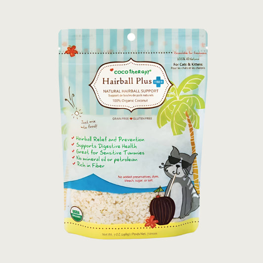 7 oz bag with tropical themed illustrations, of Cocotherapy Hairball Plus Natural Hairball Support for cats & kittens. 100% organic coconut.