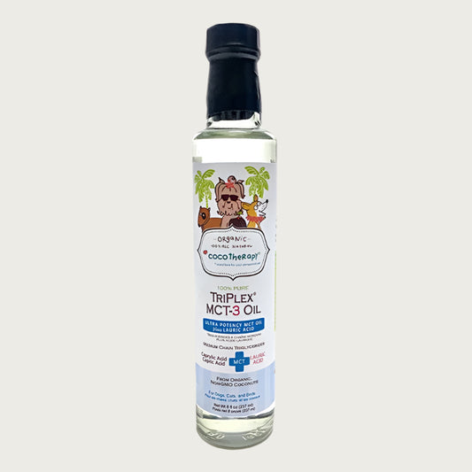 8 oz glass bottle of Cocotherapy 100% Pure TriPlex MCT-3 Oil for dogs, cats and birds. Ultra potency MCT oil plus lauric acid. From organic, non-GMO coconuts.