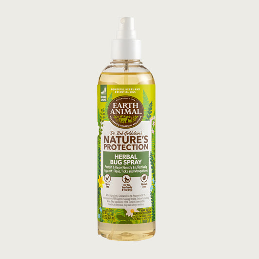 Clear plastic bottle of Earth Animal Nature's Protection Herbal Bug Spray. Protect & repel gently and effectively against fleas, ticks and mosquitos.