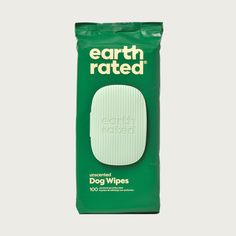 Green package of Earth Rated unscented dog wipes, with plastic clip lid. 100 ct.