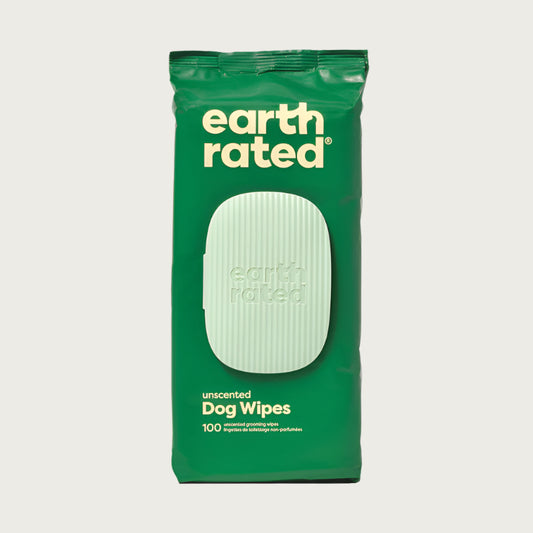 Green package of Earth Rated unscented dog wipes, with plastic clip lid. 100 ct.