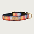 Load image into Gallery viewer, Checkered plaid dog collar in shades of orange, mustard yellow, and blue.
