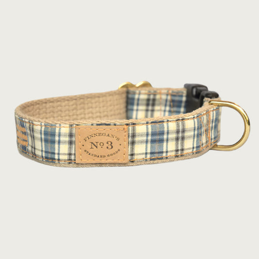 Classic plaid dog collar in shades of pale yellow, blue and black.