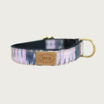 Load image into Gallery viewer, Dog collar with vertical stripe-like pattern, in shades of pale purple, pink and navy blue.
