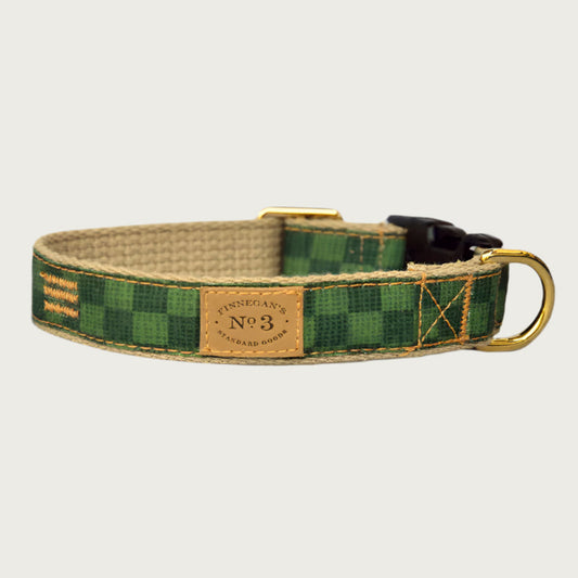 Dog collar with a checkerboard pattern in two shades of dark green.