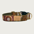 Load image into Gallery viewer, Dog collar with circular, geometric pattern in shades of olive green, burgundy, orange, brown and cream.
