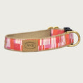Load image into Gallery viewer, Dog collar with vertical, geometrical striped pattern in shades of orange, pink, and white.
