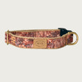 Load image into Gallery viewer, Dog collar with a tropical pattern in shades of maroon, peach, and brown.
