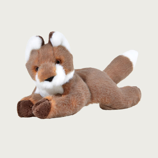 Plush Anderson Fox dog toy from Fluff & Tuff. Fox is laying on its tummy with legs splayed out in front and back. Body is reddish brown in color with white tummy, muzzle, ear and tail tip accents.