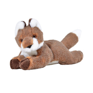 Plush Anderson Fox dog toy from Fluff & Tuff. Fox is laying on its tummy with legs splayed out in front and back. Body is reddish brown in color with white tummy, muzzle, ear and tail tip accents.