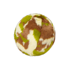 Plush Camo Ball dog toy from Fluff & Tuff. Toy is covered in camouflage print plush - asymmetrical blotches of olive green, brown and cream.