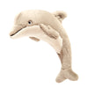 Plush Danny Dolphin dog toy from Fluff & Tuff. Toy is curved (like a dolphin in mid-leap) and is pale gray with a white belly and black eyes.