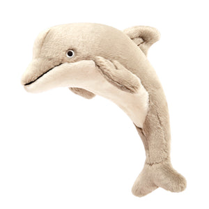 Plush Danny Dolphin dog toy from Fluff & Tuff. Toy is curved (like a dolphin in mid-leap) and is pale gray with a white belly and black eyes.