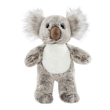 Plush Doc Koala dog toy from Fluff & Tuff. His body is muli-tones of gray, with a white belly, brown snout and fuzzy ears.