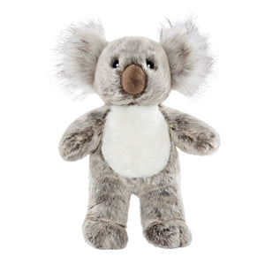 Plush Doc Koala dog toy from Fluff & Tuff. His body is muli-tones of gray, with a white belly, brown snout and fuzzy ears.