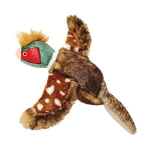Plush Ike Pheasant dog toy from Fluff & Tuff. The toy's head is green & red with tan tufted feathers like a mohawk. Its body is dark brown, with irregular large cream spots on its outstretched wings, and a long, subtly striped tan & brown tail.