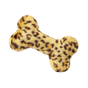 Plush Leopard Bone dog toy from Fluff & Tuff. Toy is a classic dog bone shape with leopard print - tan body with asymmetrical dark brown spots.