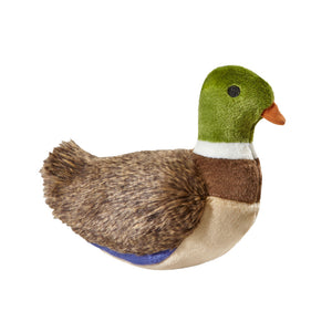 Plush Morley Mallard dog toy from Fluff & Tuff. This duck toy has a green head with orange beak, white ring around its neck, long brown plush on its back with blue accents, and cream tummy. Toy is one solid piece, there are no wings that come out.