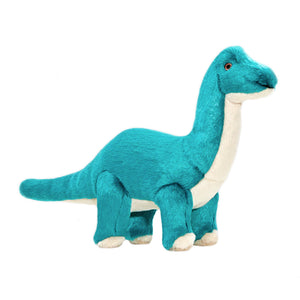 Plush Ross Brachiosaurus dog toy from Fluff & Tuff. This dinosaur toy is a bright teal color with cream underside & feet, and a long neck and tail.